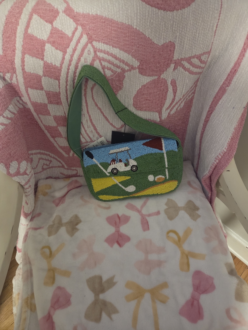 India Boutique Green Golf Course Needlepoint Shoulder Bag